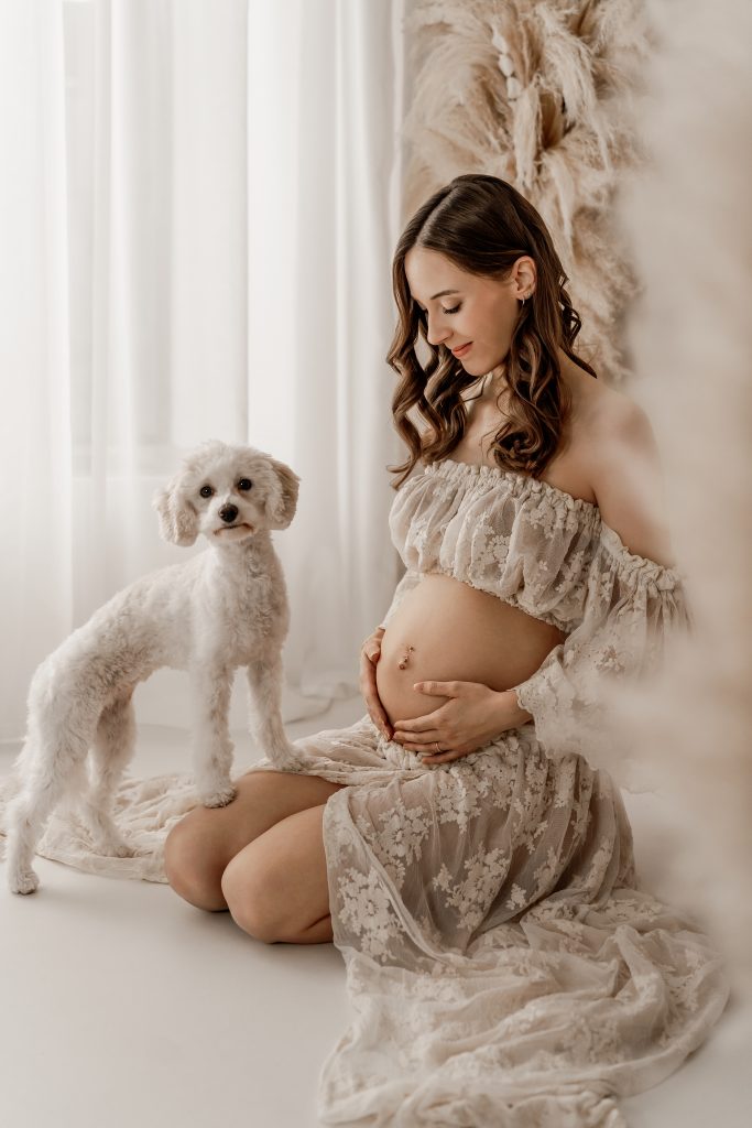 Babybauchshooting mit Hund sitzend